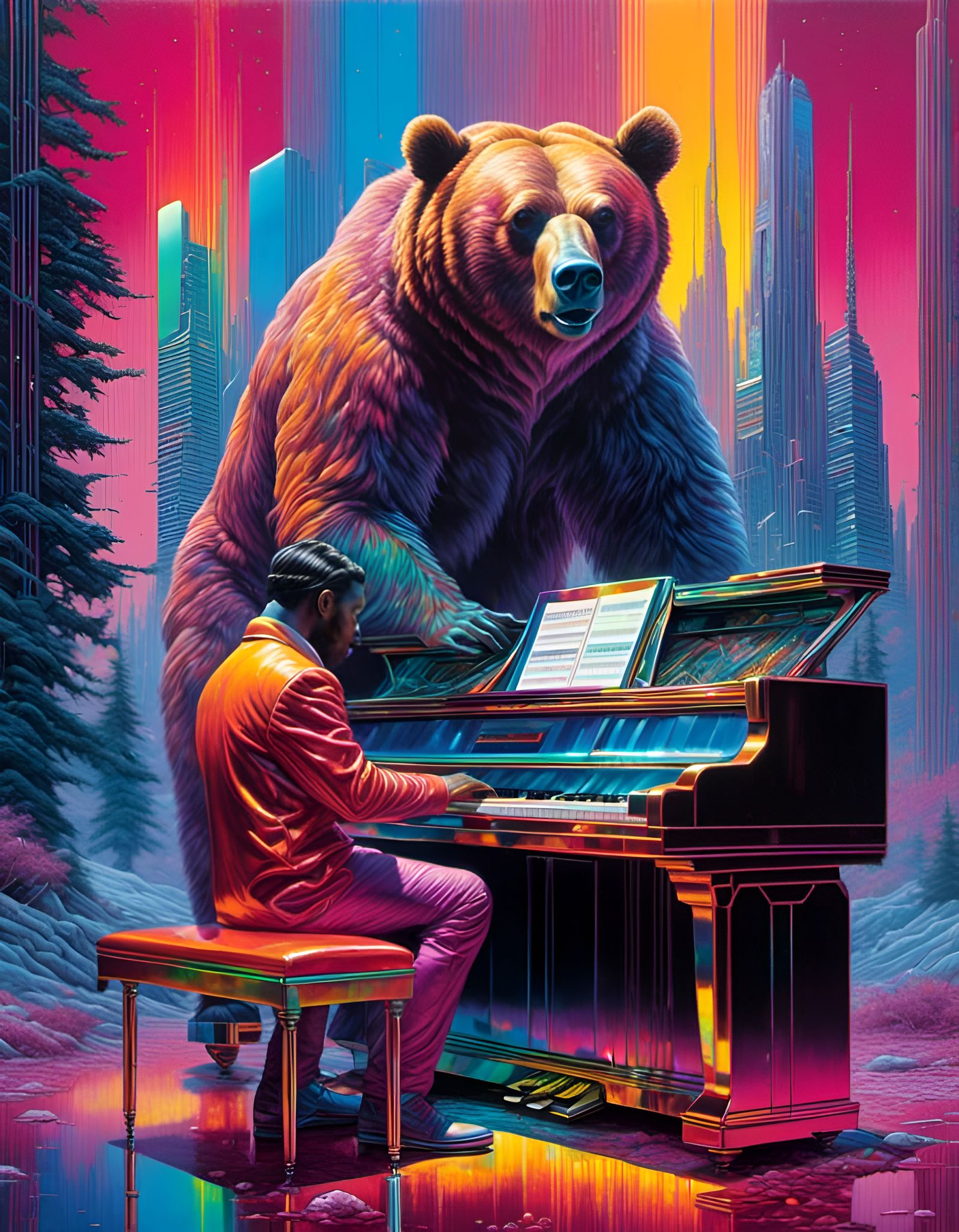 Grizzly Bear Piano Player in Synthwave Style