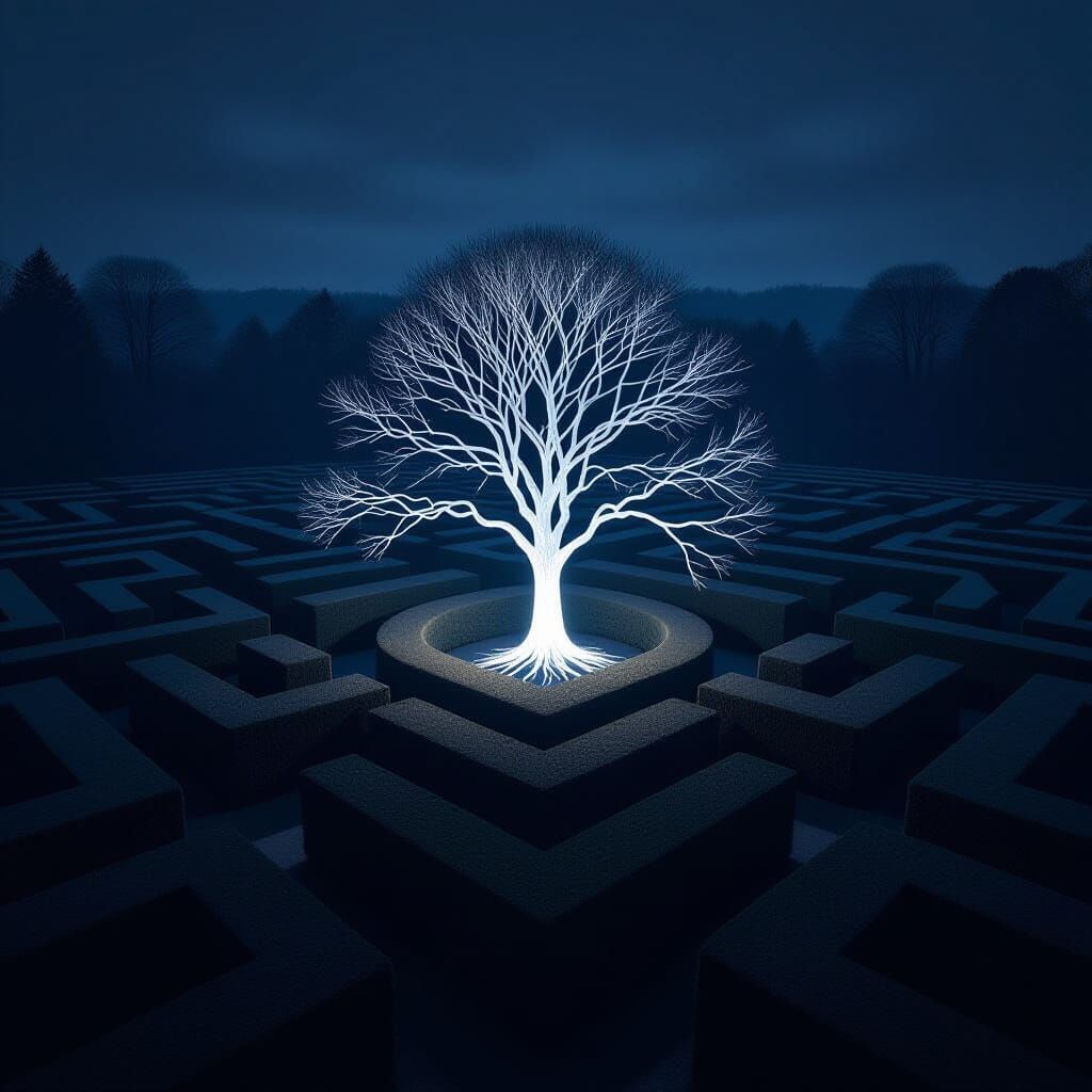 Glowing Tree in Dark Hedge Maze at Night