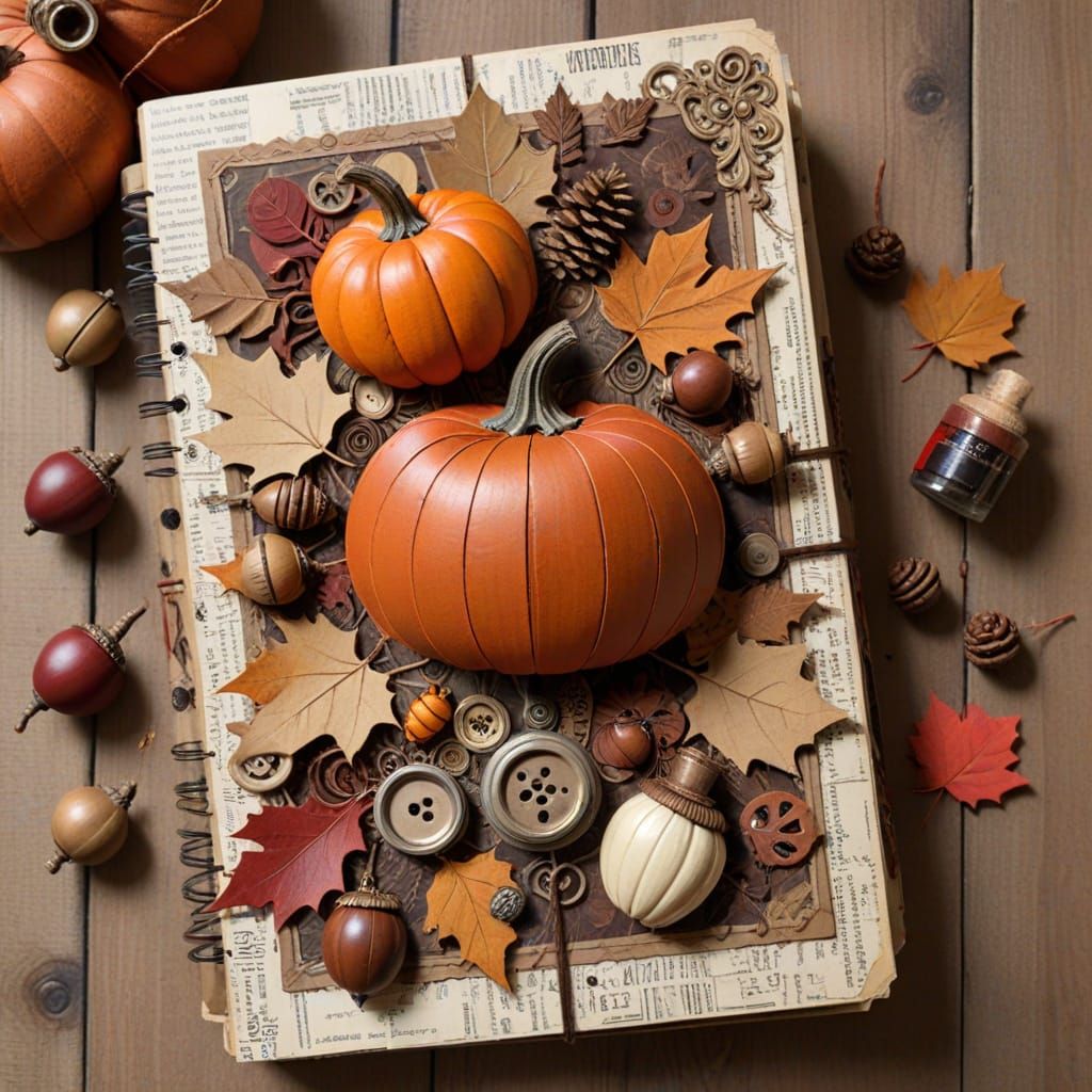 Victorian Autumn Forest Scrapbook with Comic Style Pumpkin