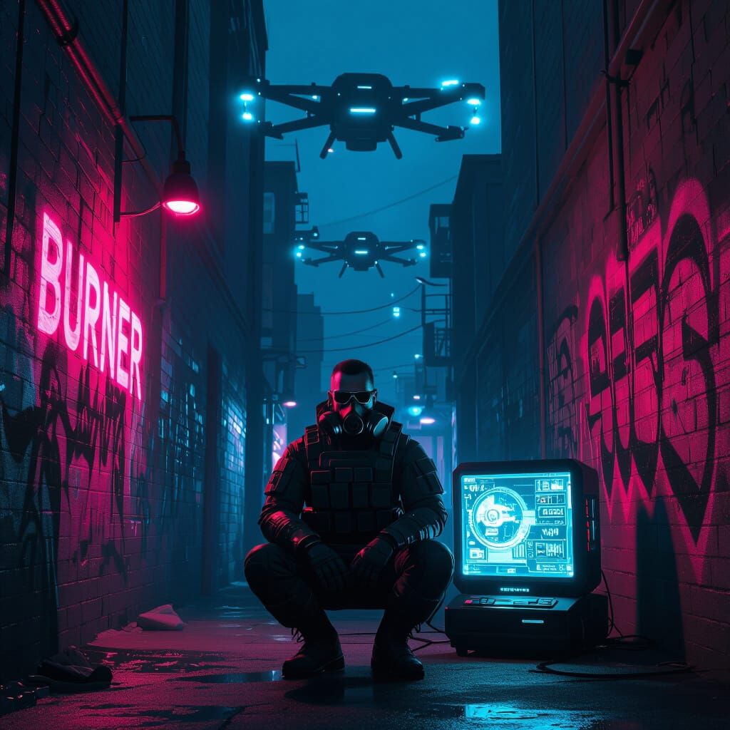 Cyberpunk Soldier with Futuristic Tech in Gritty Alleyway