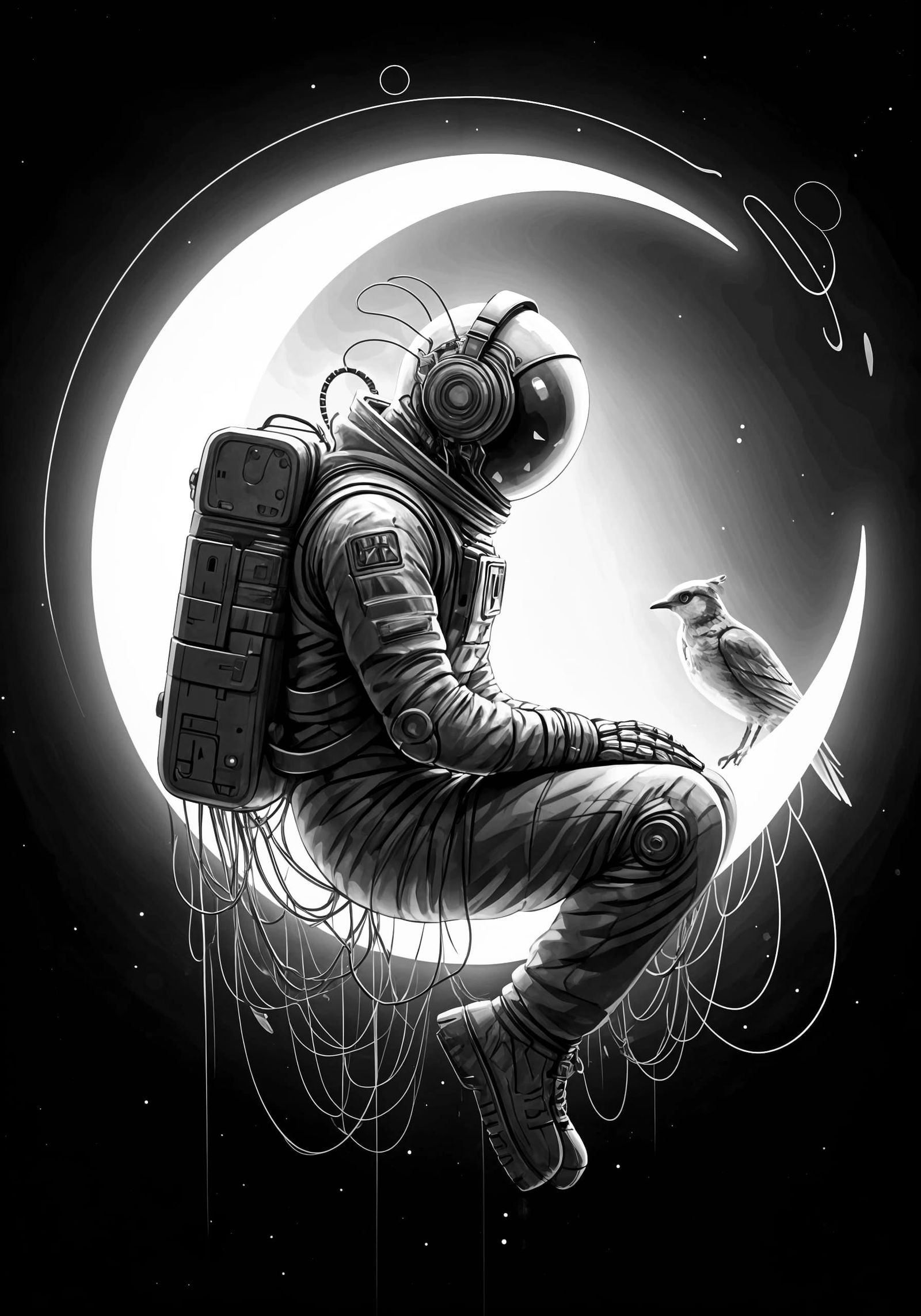 Robot Astronaut with Celestial Bird on Crescent Moon