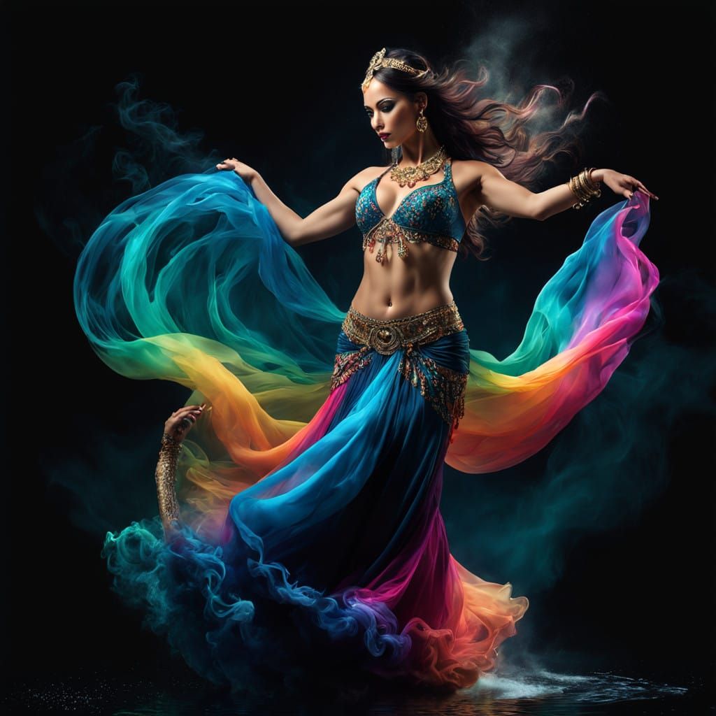 Dramatic Belly Dancer in Rainbow Hued Smoke