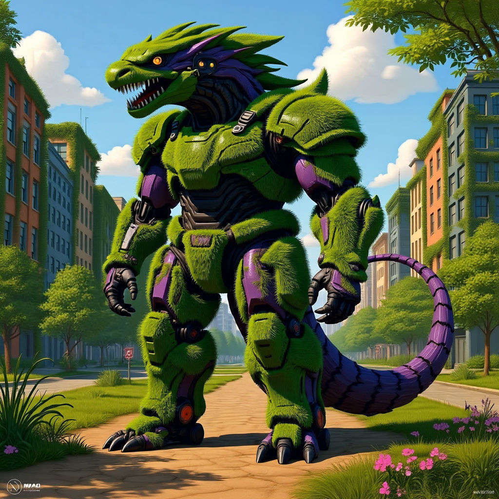 Giant Gecko Cyborg Chimera Overgrown by Nature