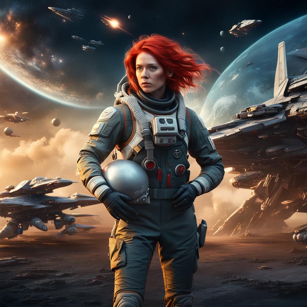 Red Haired Pilot in Front of Space Fighter