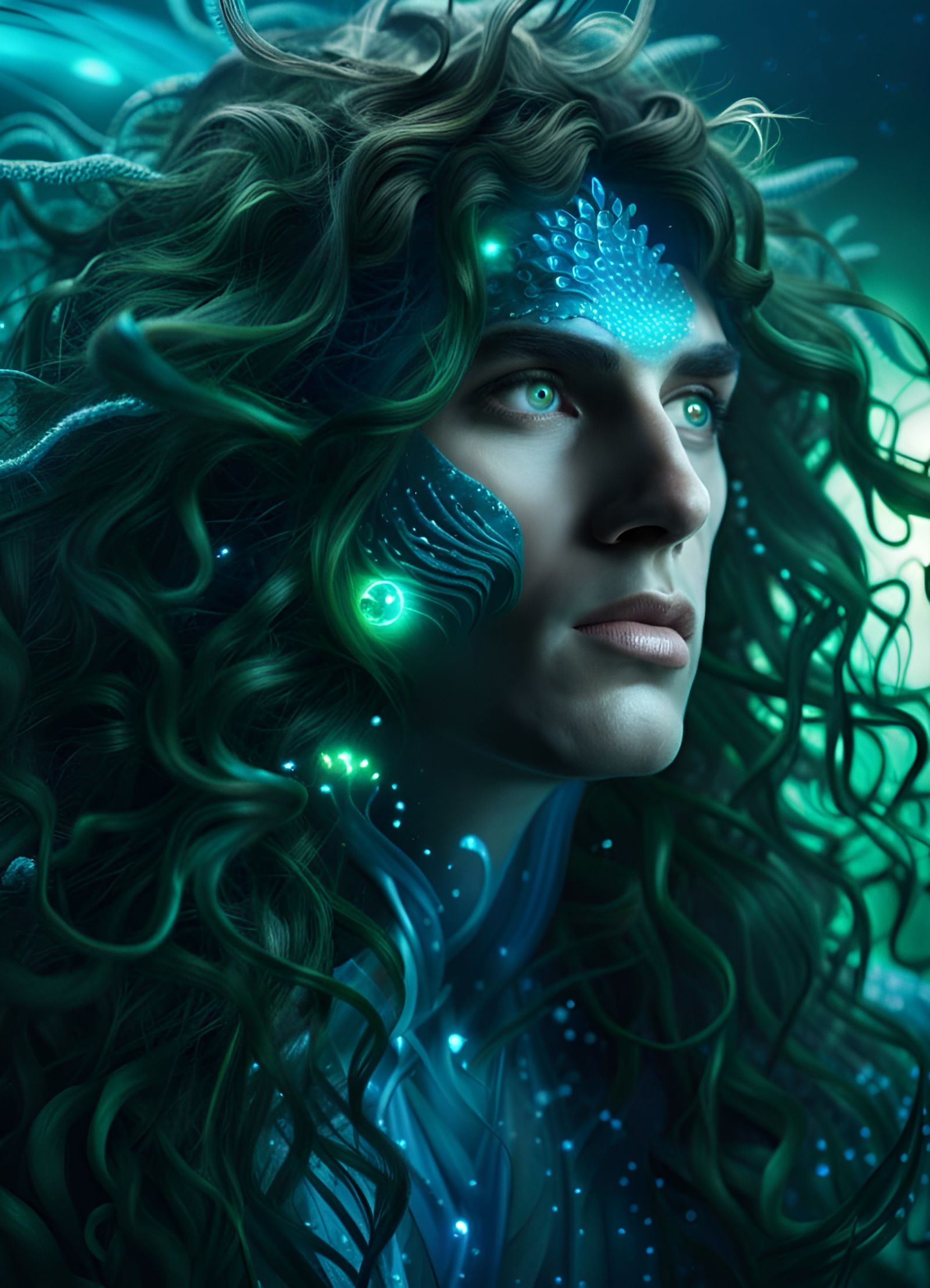 Detailed Fantasy Portrait of a Man Underwater