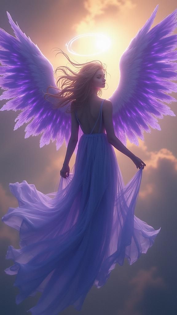 Archangel with Purple Wings, Dreamlike Digital Art