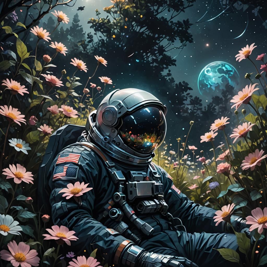 Astronaut in Flower Garden Reflecting Universe