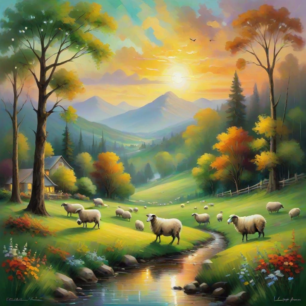 Sheep Grazing in a Lush Emerald Meadow at Sunset