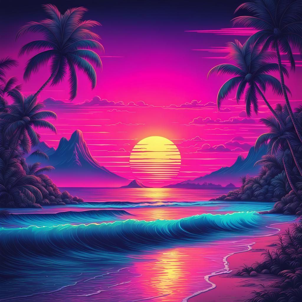 Synthwave Sunset on Tropical Beach Paradise