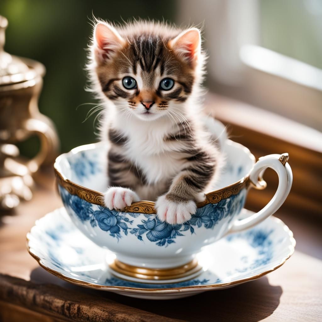 Kitten in Teacup: An Adorable Antique Moment