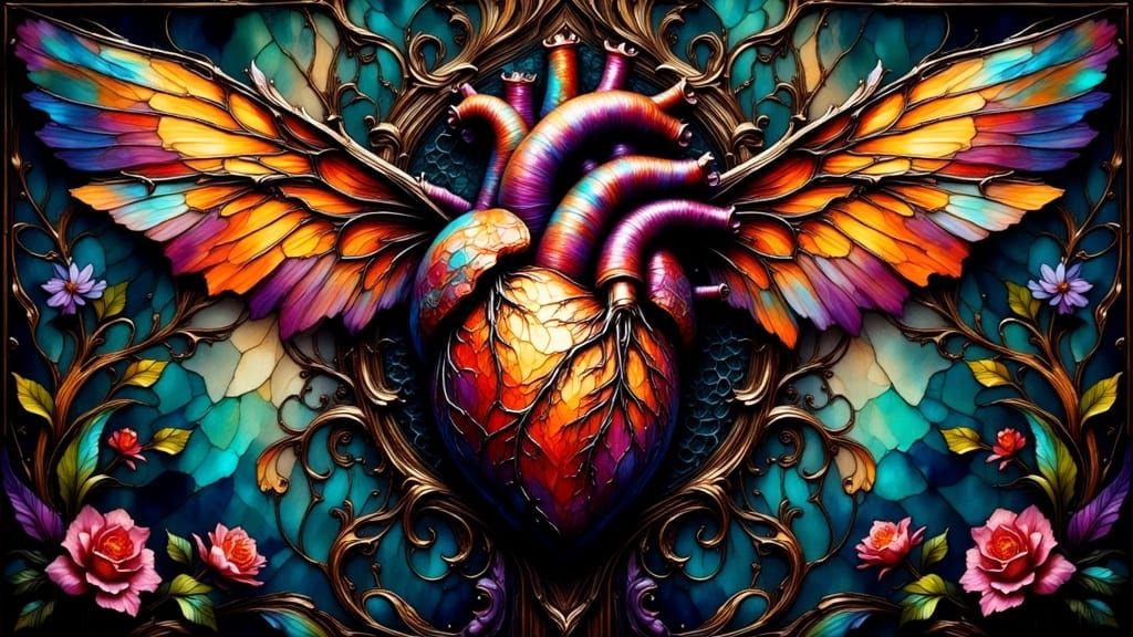 Winged Heart with Cosmic Flora Stained Glass Art