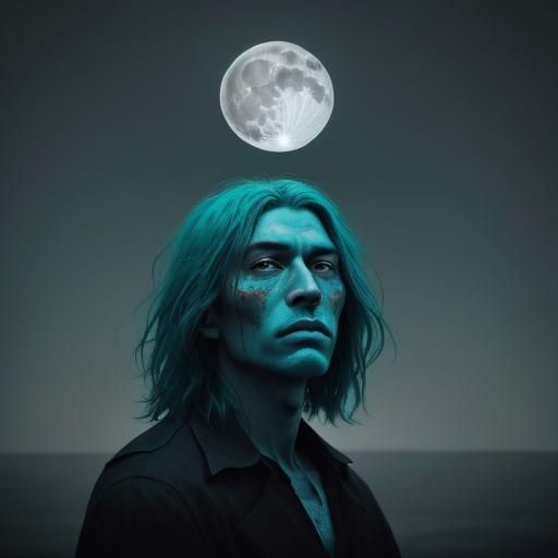 Contemplative Man in Turquoise Dreamscape, Surreal Portrait
