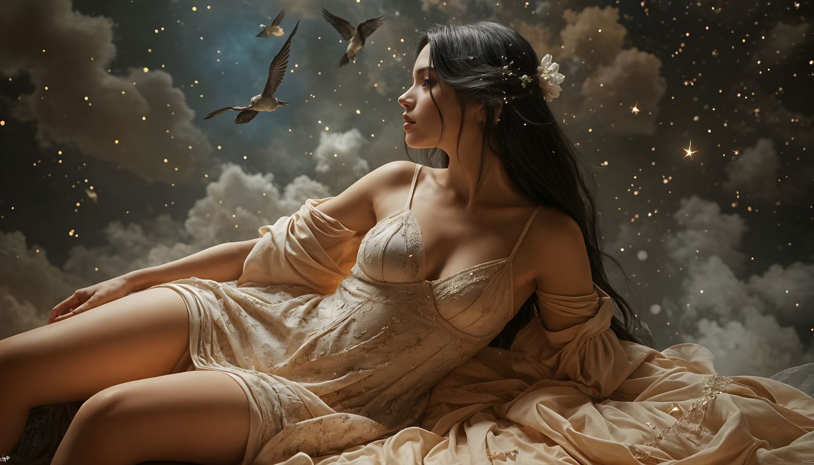 Dreamlike Woman with Sky and Stars: Surreal Art