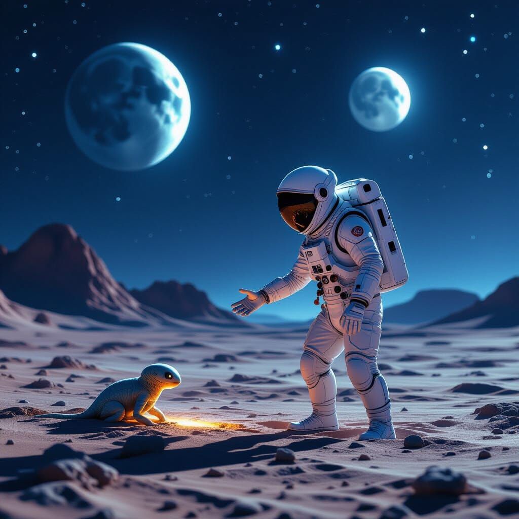 Astronaut Meets Alien Creature Under Twin Moons