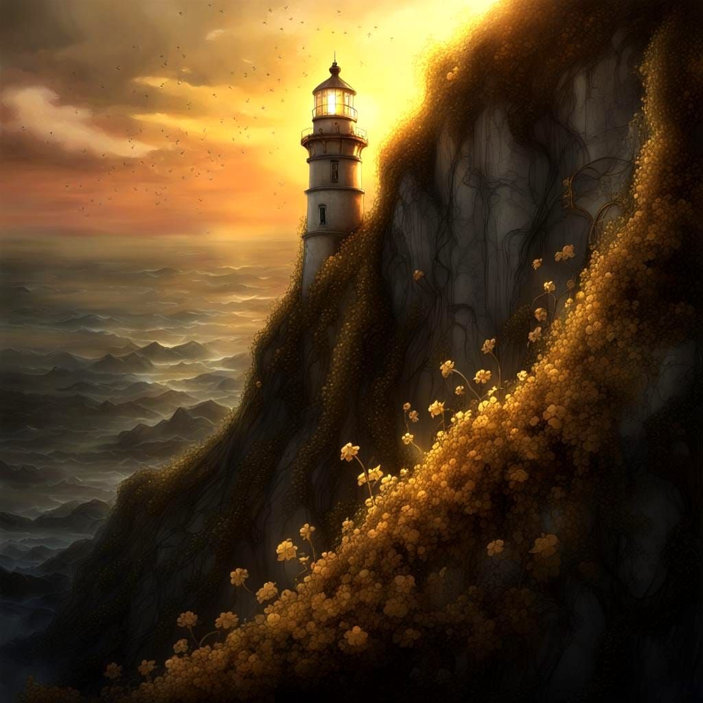 Sunset Lighthouse on Floral Cliff, Macabre Art Nouveau
