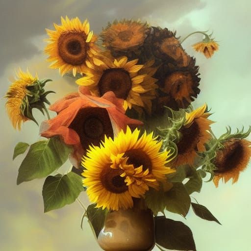 Sunflowers and Puppy Portrait in Baroque Style
