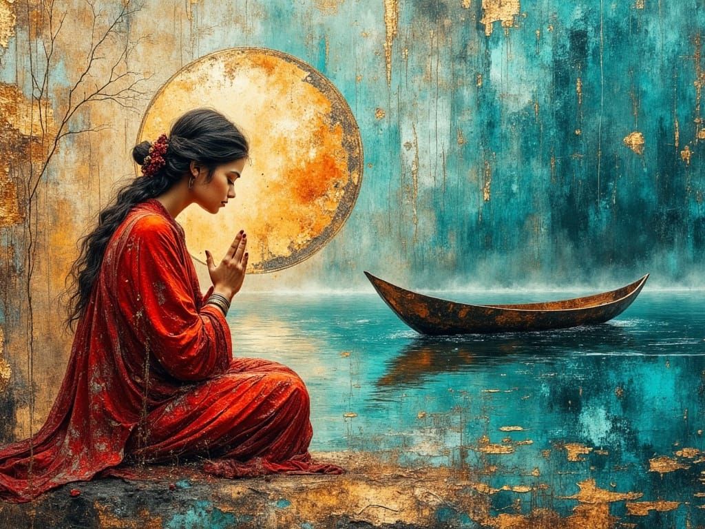 <lora:divineOil:1.0> <lora:DreamweaverFlux:1.0> <lora:Empaste:1.0> Asian girl in prayer, wrapped in red tattered cloth, ...