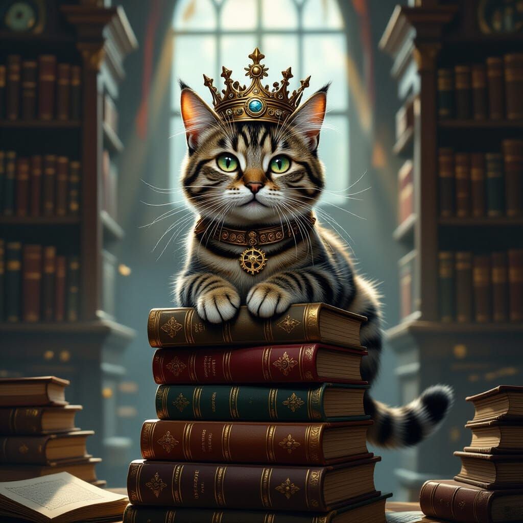 Steampunk Cat King on Books in Dim Study