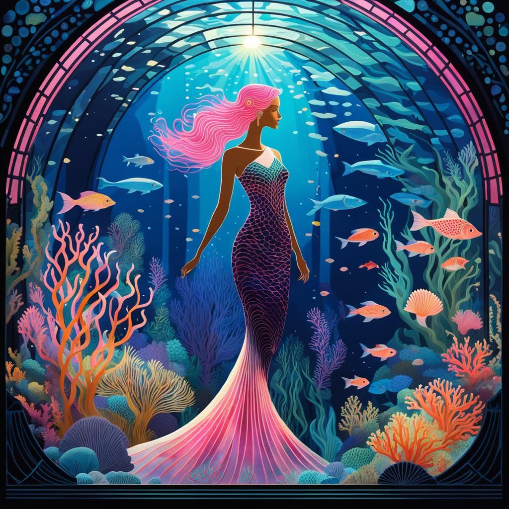 Erté-Style Art Deco Mermaid in Underwater Greenhouse