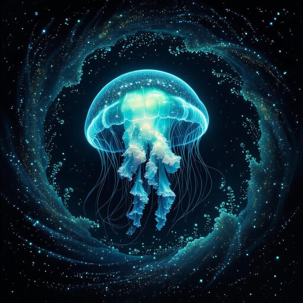 Bioluminescent Jellyfish in Ethereal Ocean Depths