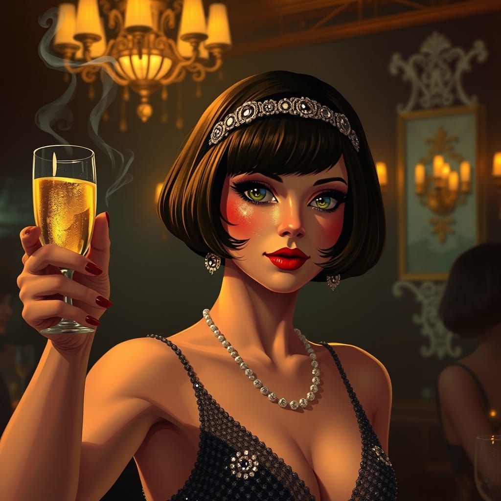 Flapper Toast in 1920s Speakeasy, Art Deco Style
