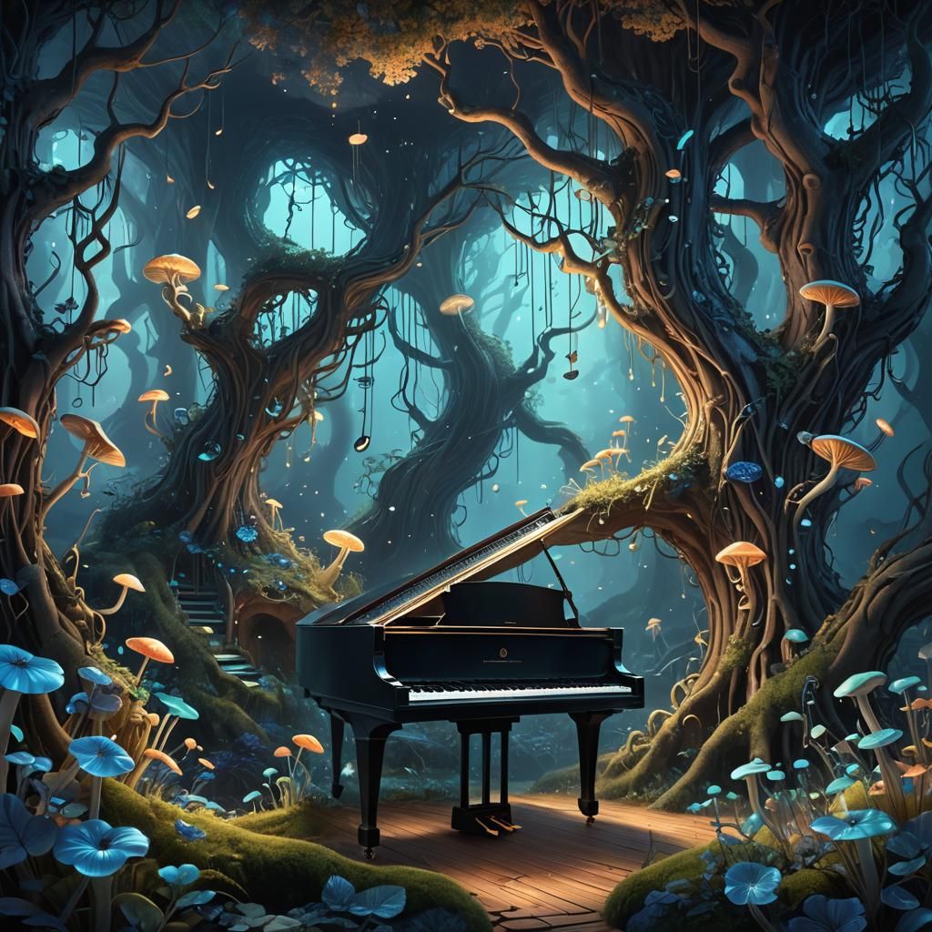 Mystical Forest Piano in Matte Painting Style