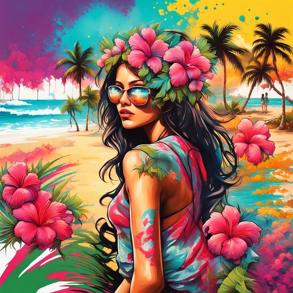 Hawaiian Beach Scene with Graffiti Art Style