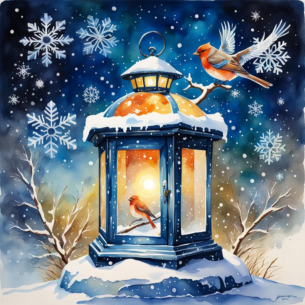 Snow Globe Lantern with Winter Bird in Watercolor
