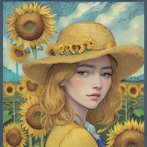 beautiful woman portrait with hat in a sunflower field by va...