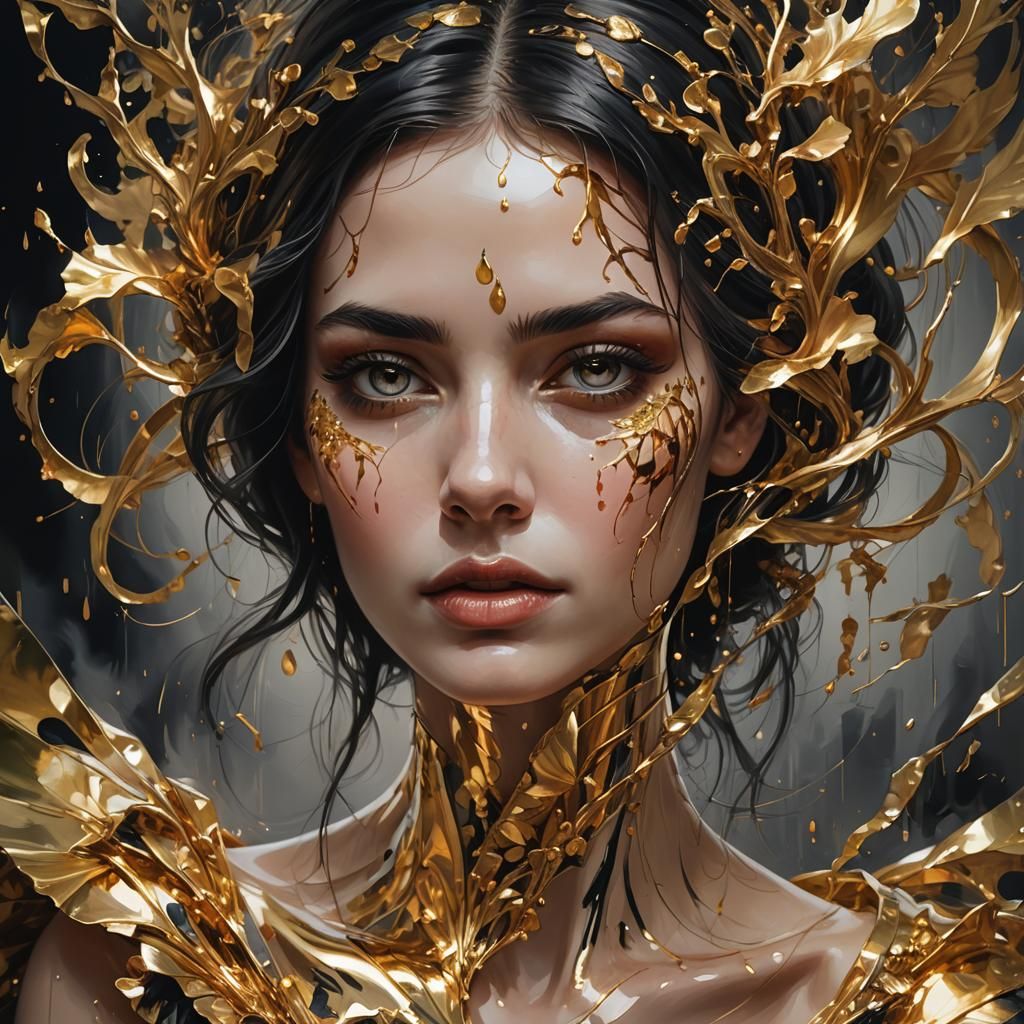 Hyperrealistic Oil Painting of Woman with Gold Face