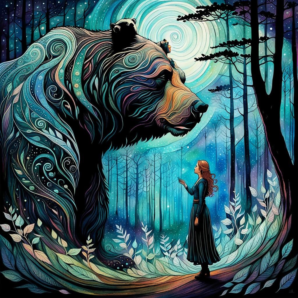 Friendly Bear Encounter in Art Nouveau Forest