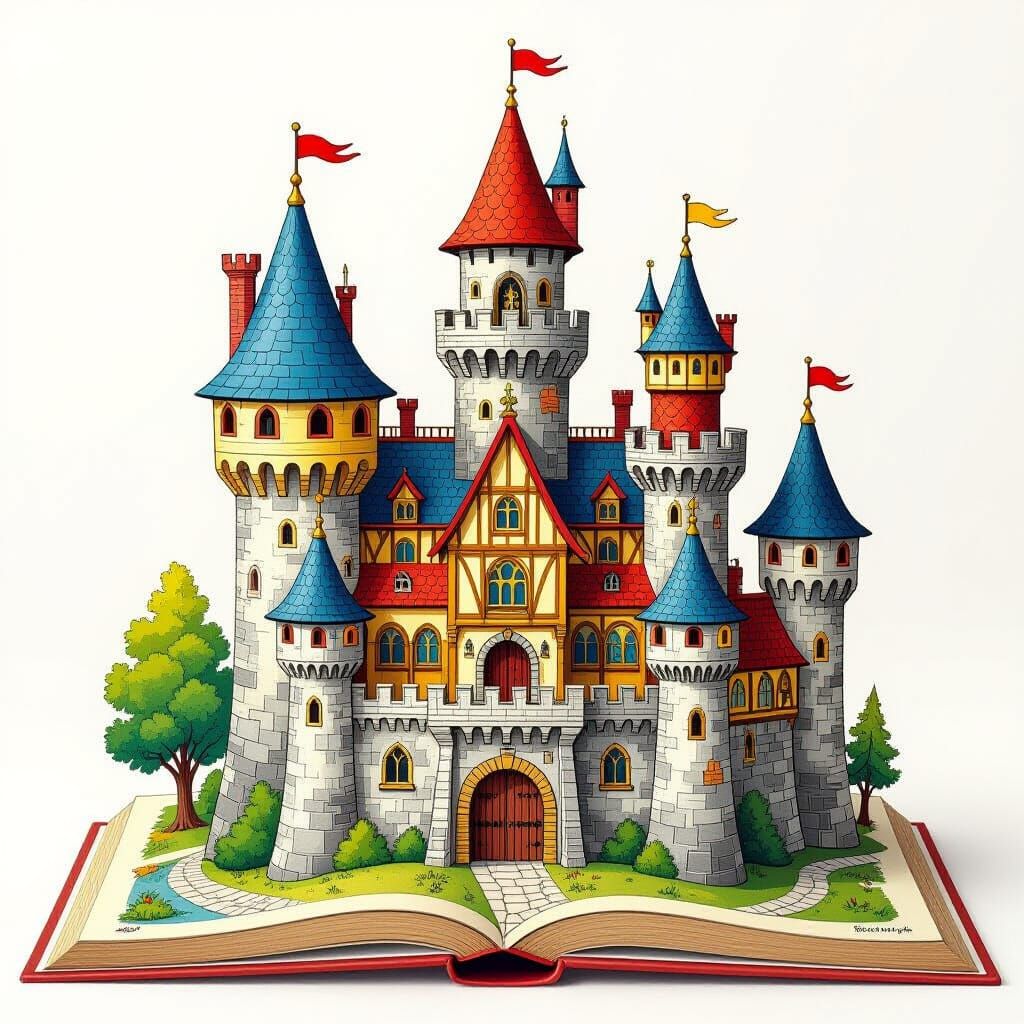 Whimsical Medieval Castle in Pop-Up Book Style
