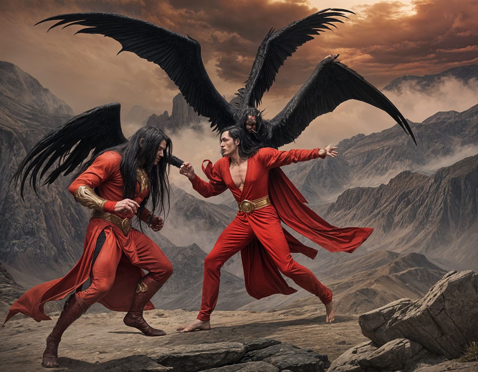 Human Wrestles Alien in Mountain Landscape