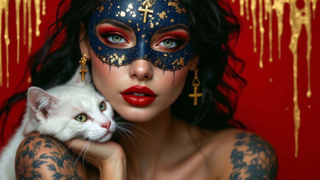 Masked Woman with Gold Accents and Cat