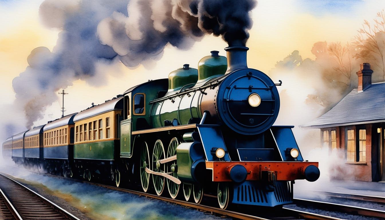 A beautifully crafted steam locomotive, gleaming in polished...