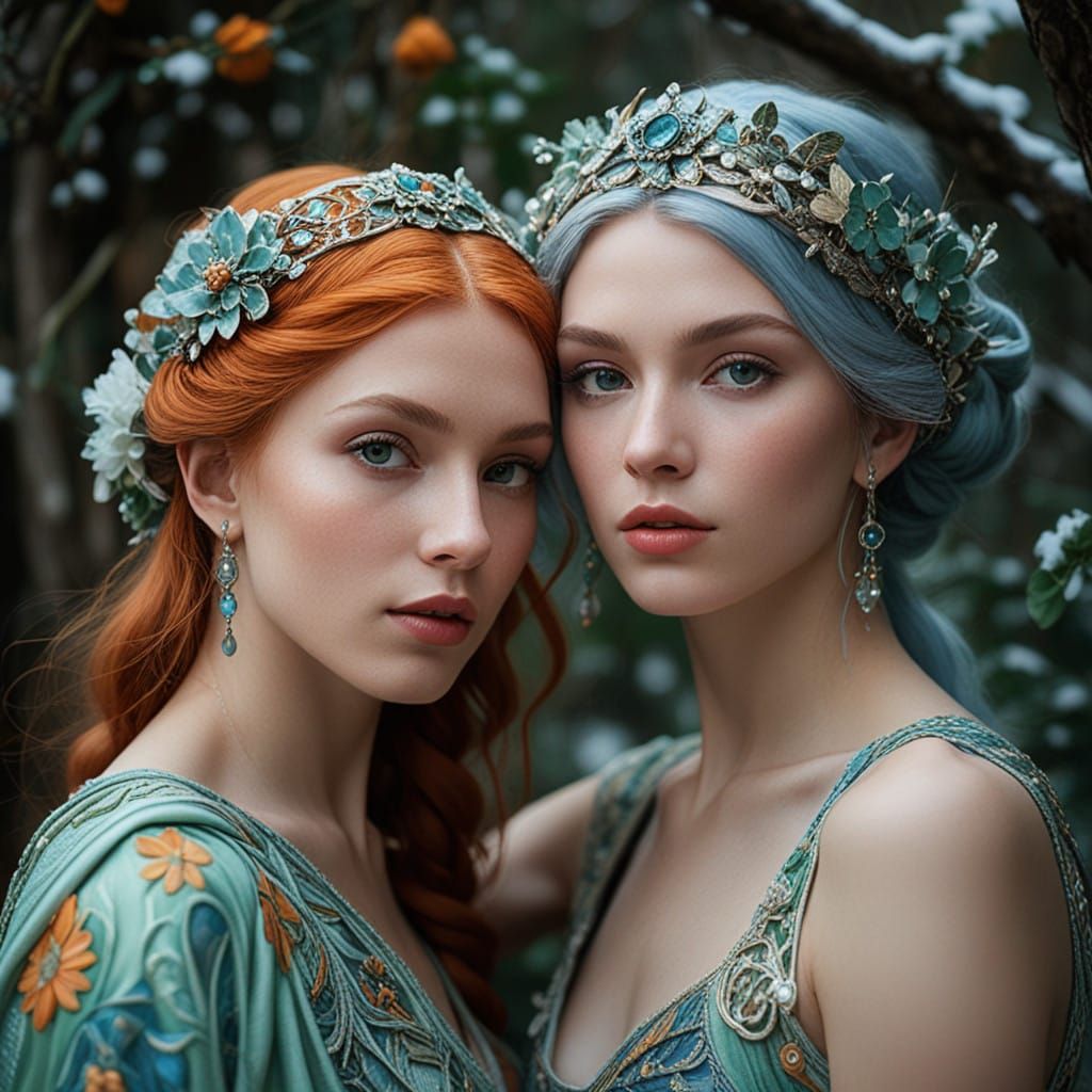 Enchanted Winter Couple, in Dreamy, Art Nouveau-Inspired Ske...