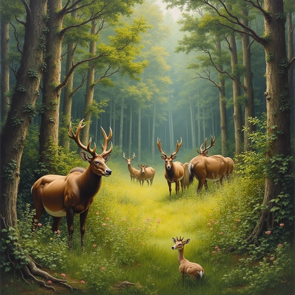 Wild Animals Roaming Freely: An Oil Painting