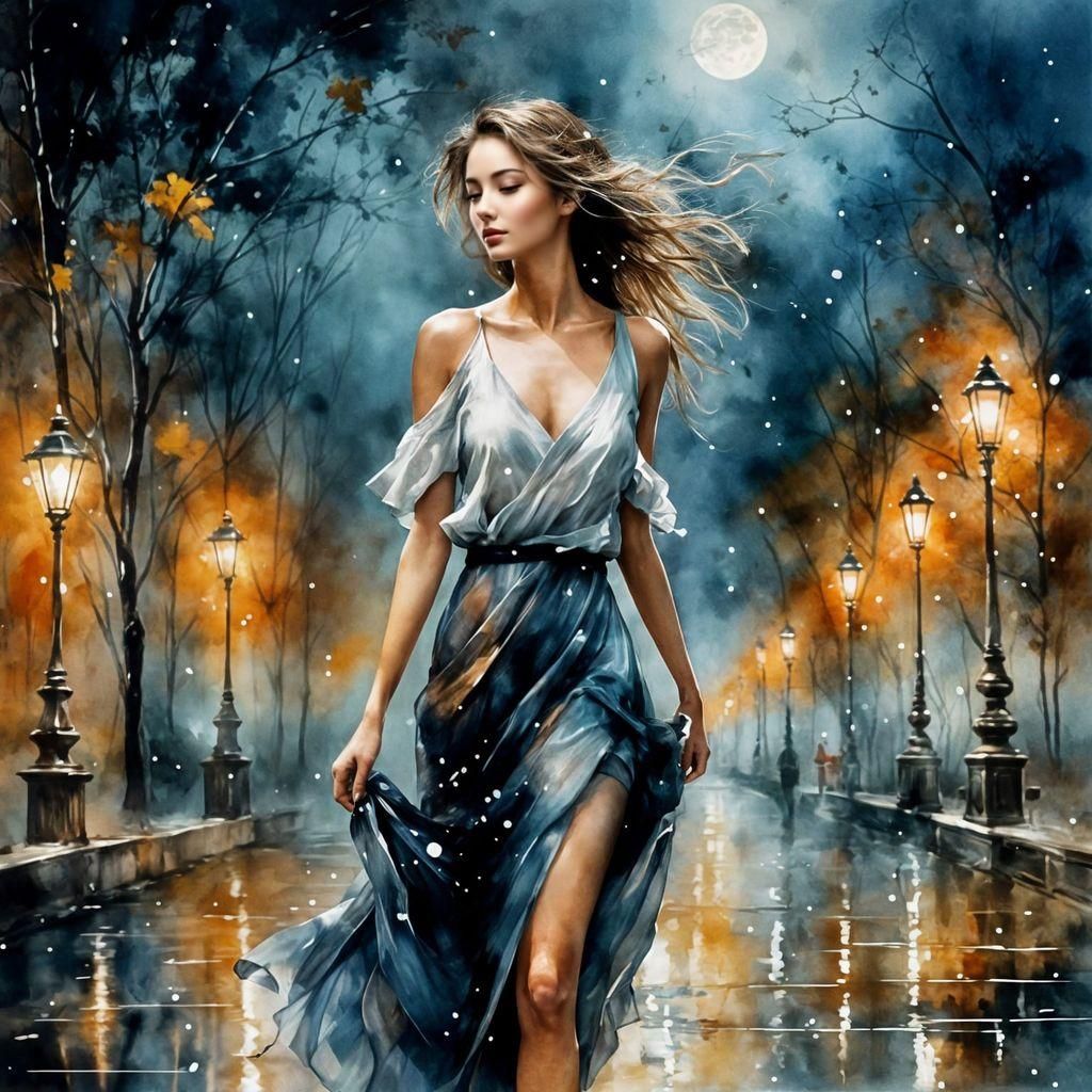Moonlit Park Stroll in Dark Fantasy Style