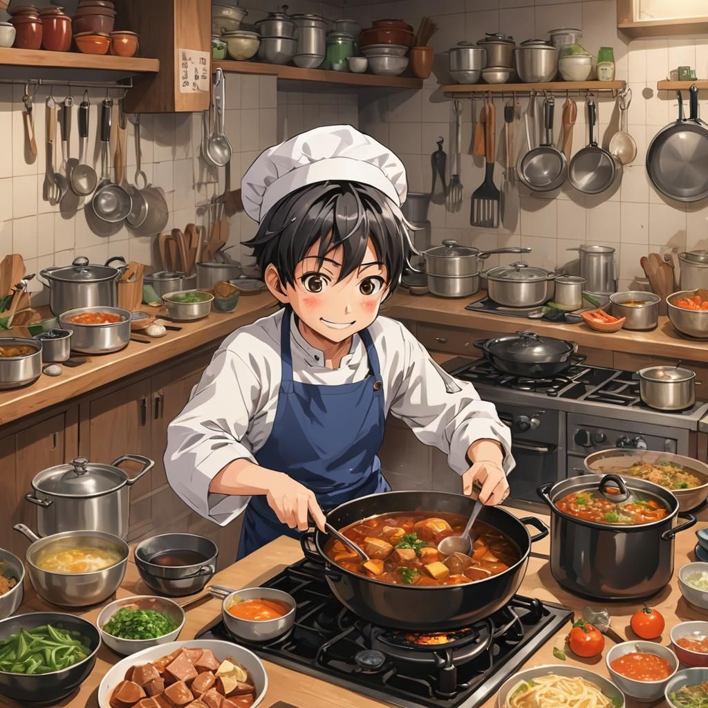 Boy Cooking Stew in Anime Style