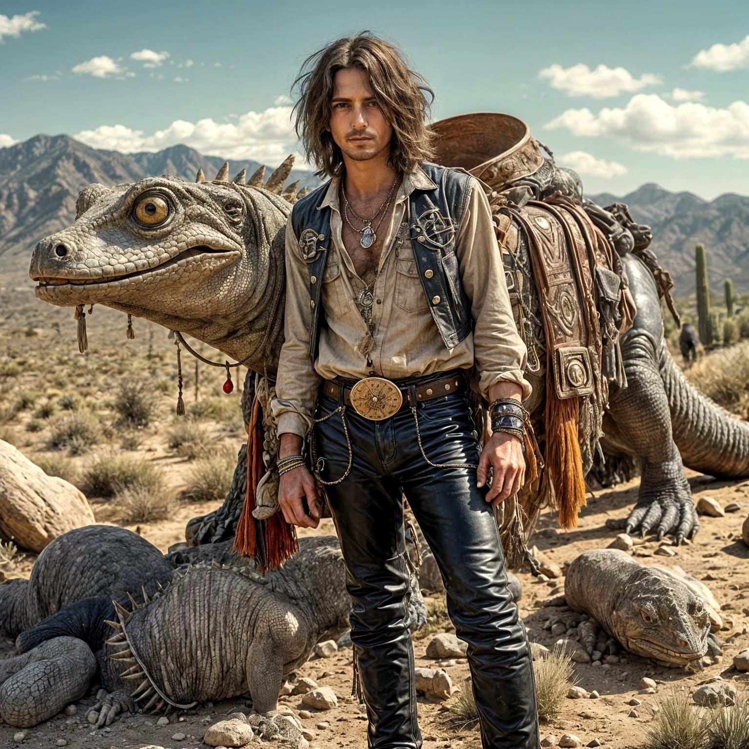 Man Rides Giant Lizard in Nevada Desert, Sepia Photo