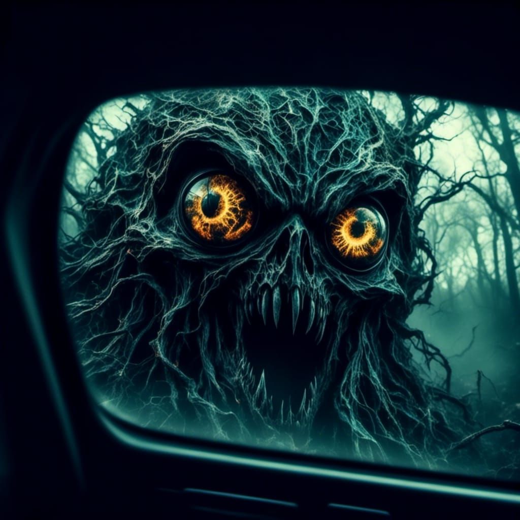 Eerie Spectral Eyes Reflected in Car Mirror