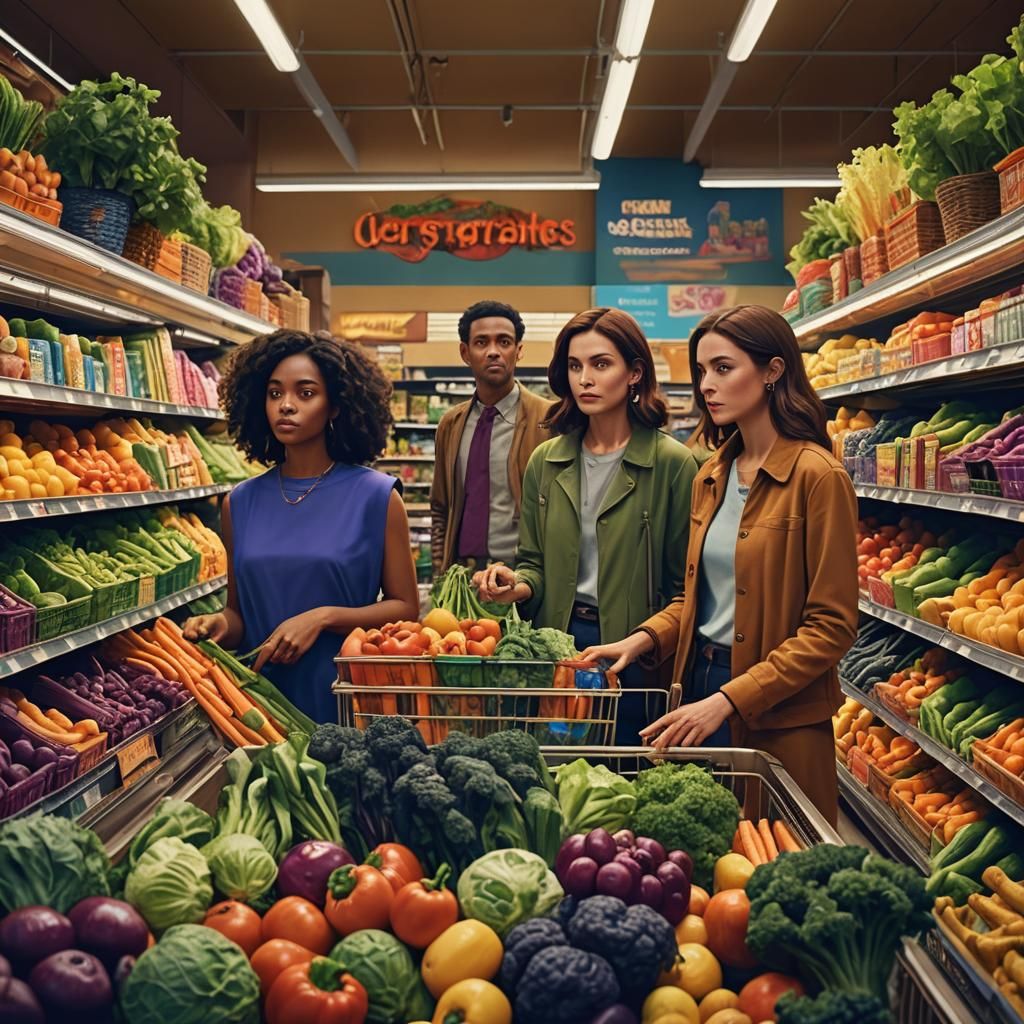 Vibrant Grocery Store Scene in Hyper-Realistic Style