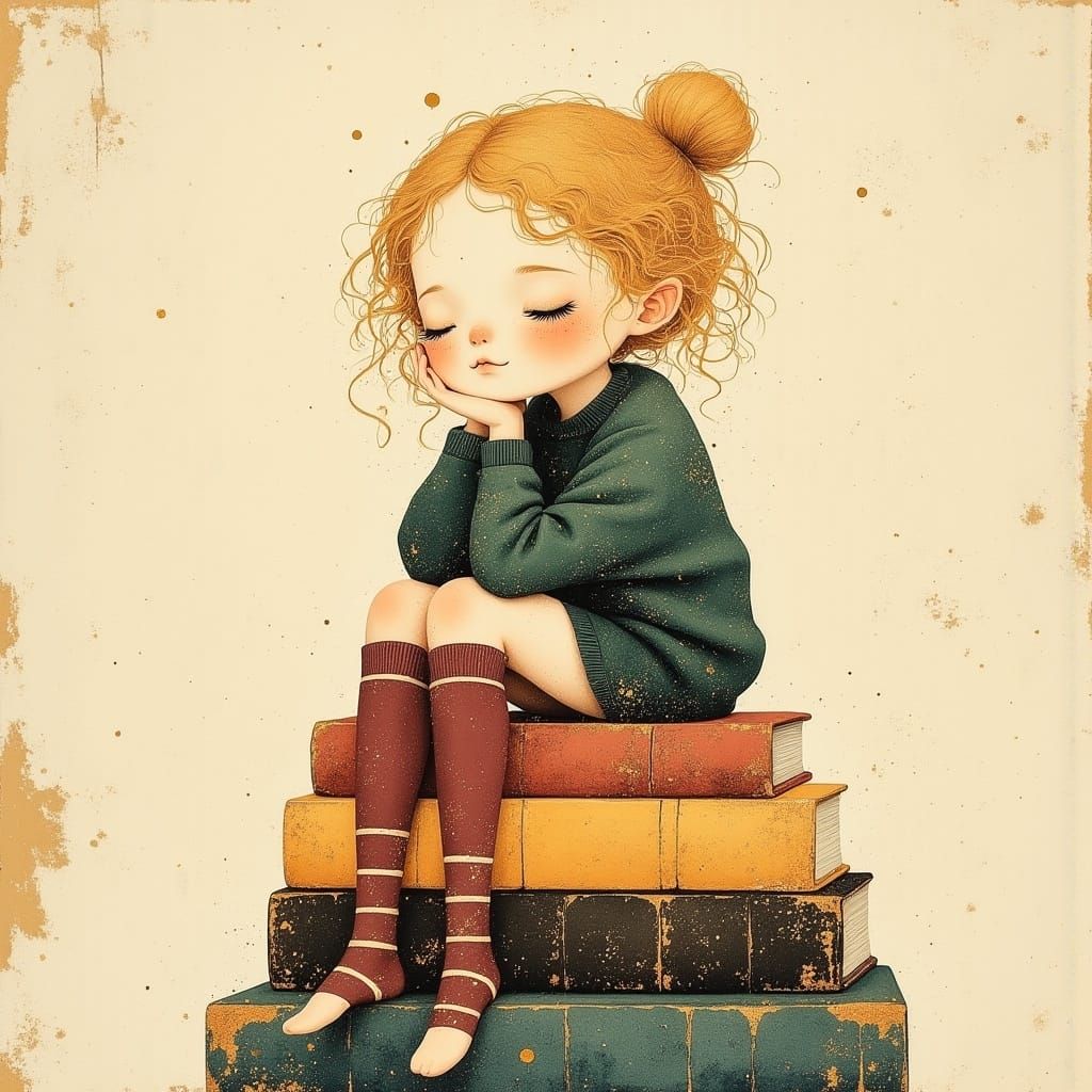 A Young Girl Surrounded by Vintage Books in a Cozy Study