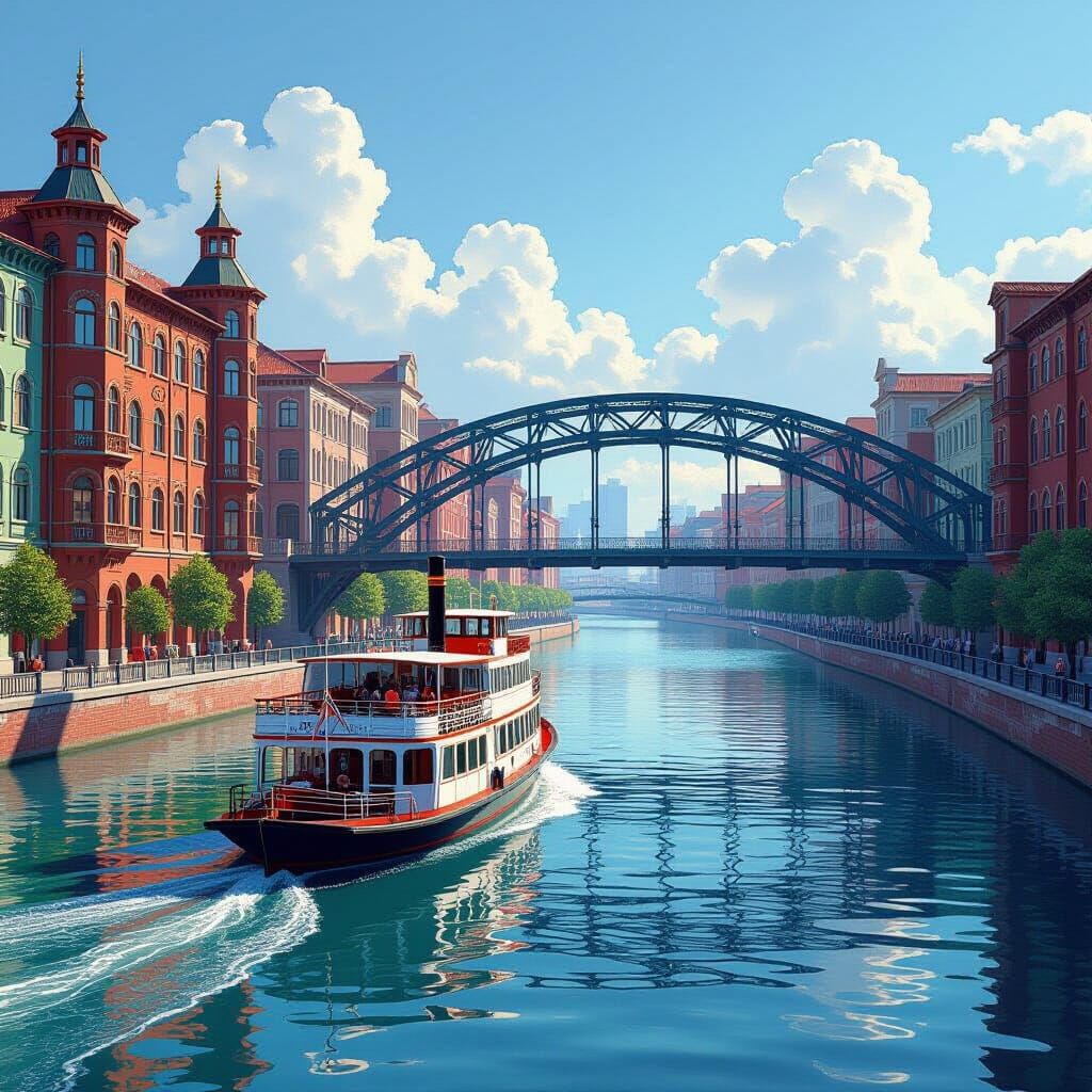 Riverboat on City River with Vibrant Buildings and Ornate Br...