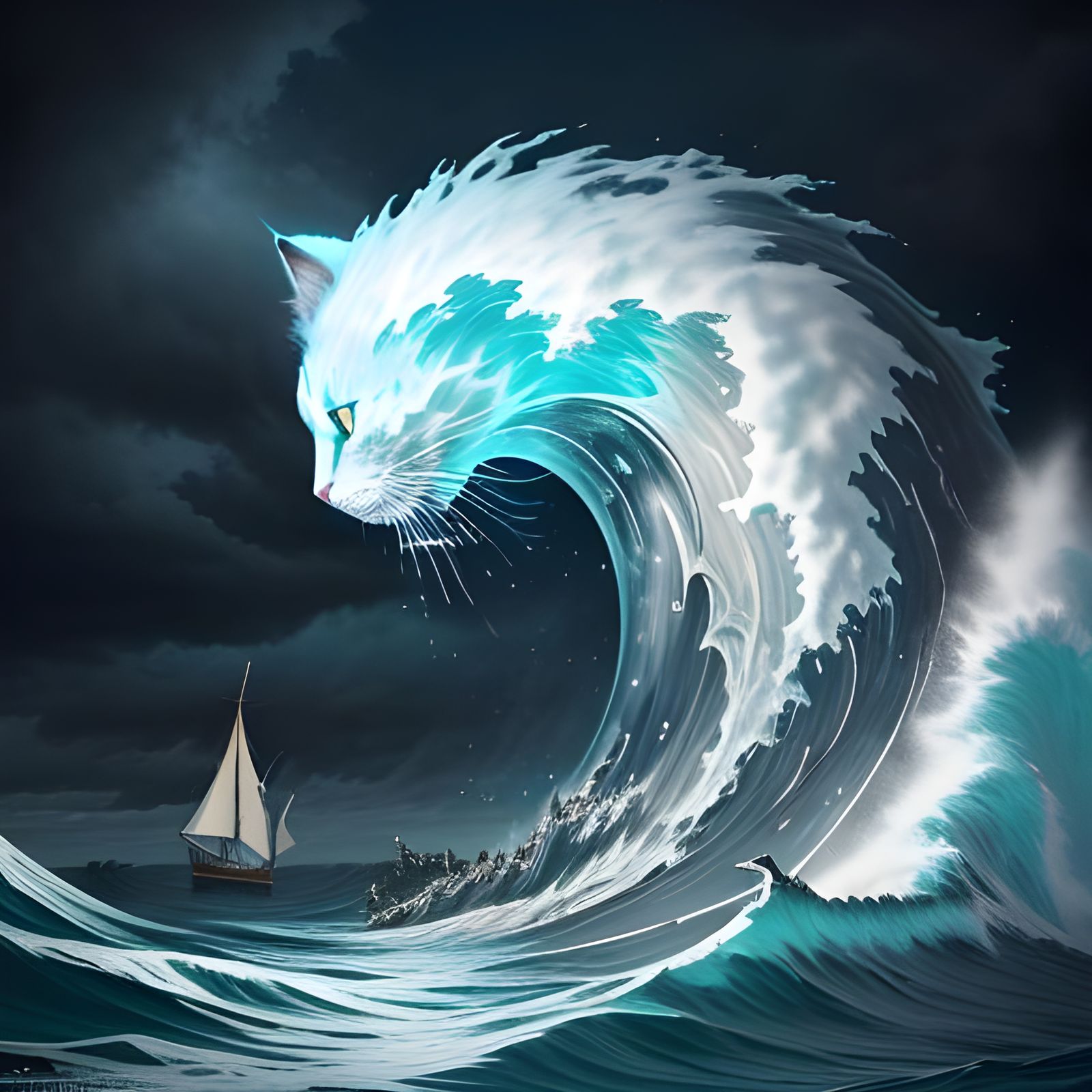 Surreal Liquid Cat Emerges from Ocean Wave