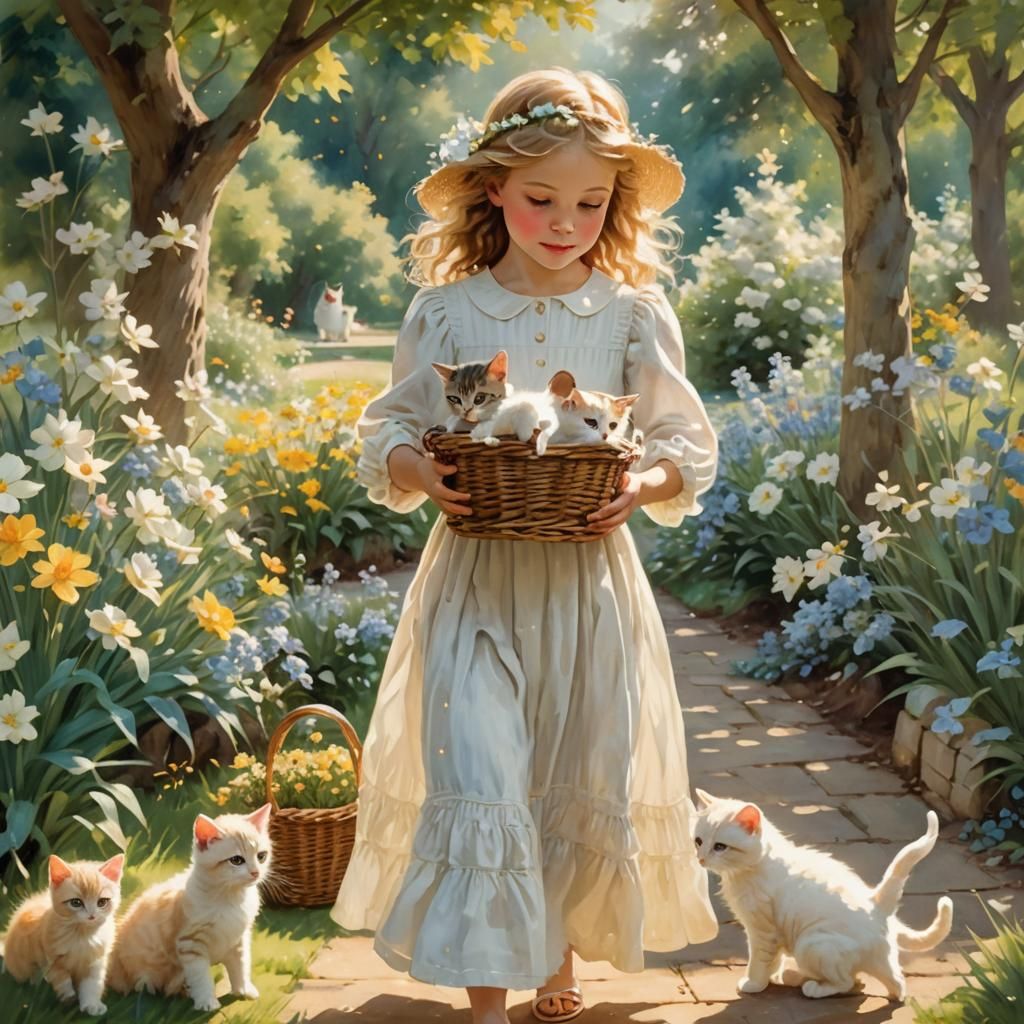 Girl with Kittens in Sun-Drenched Garden