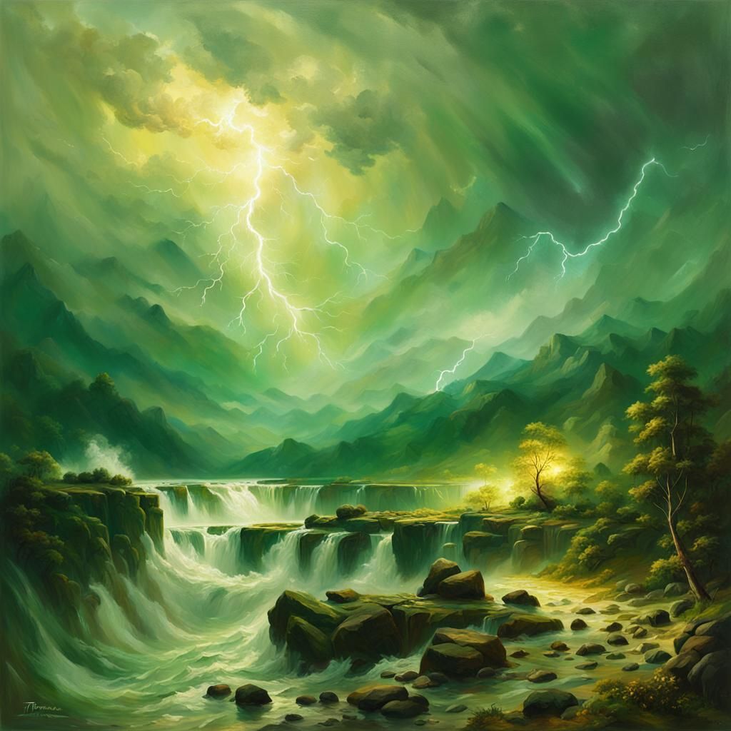 Green Landscape Oil Painting with Volumetric Lightning