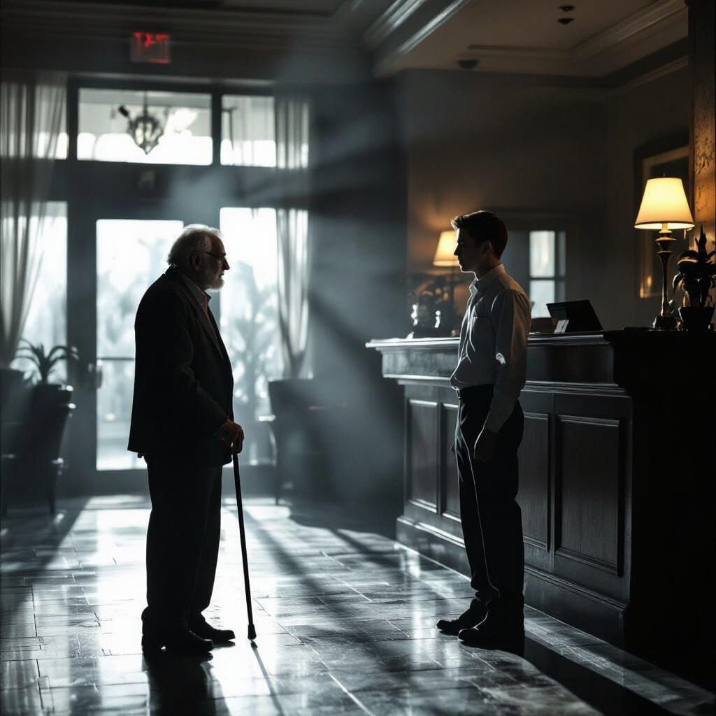 Unsettling Hotel Encounter: Man and Clerk in Dim Light