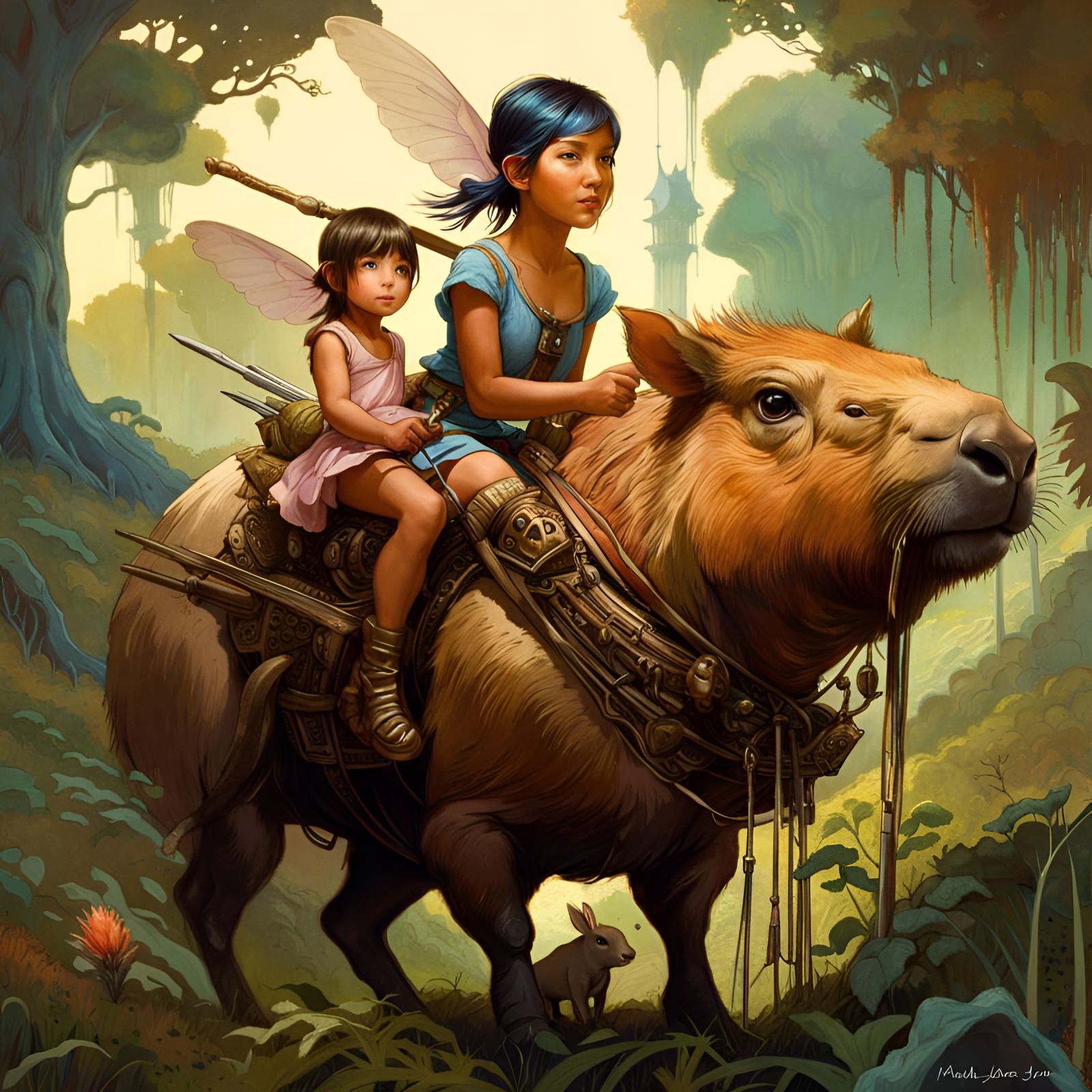 Pixie Girl Rides Capybara: Fantasycore Digital Art