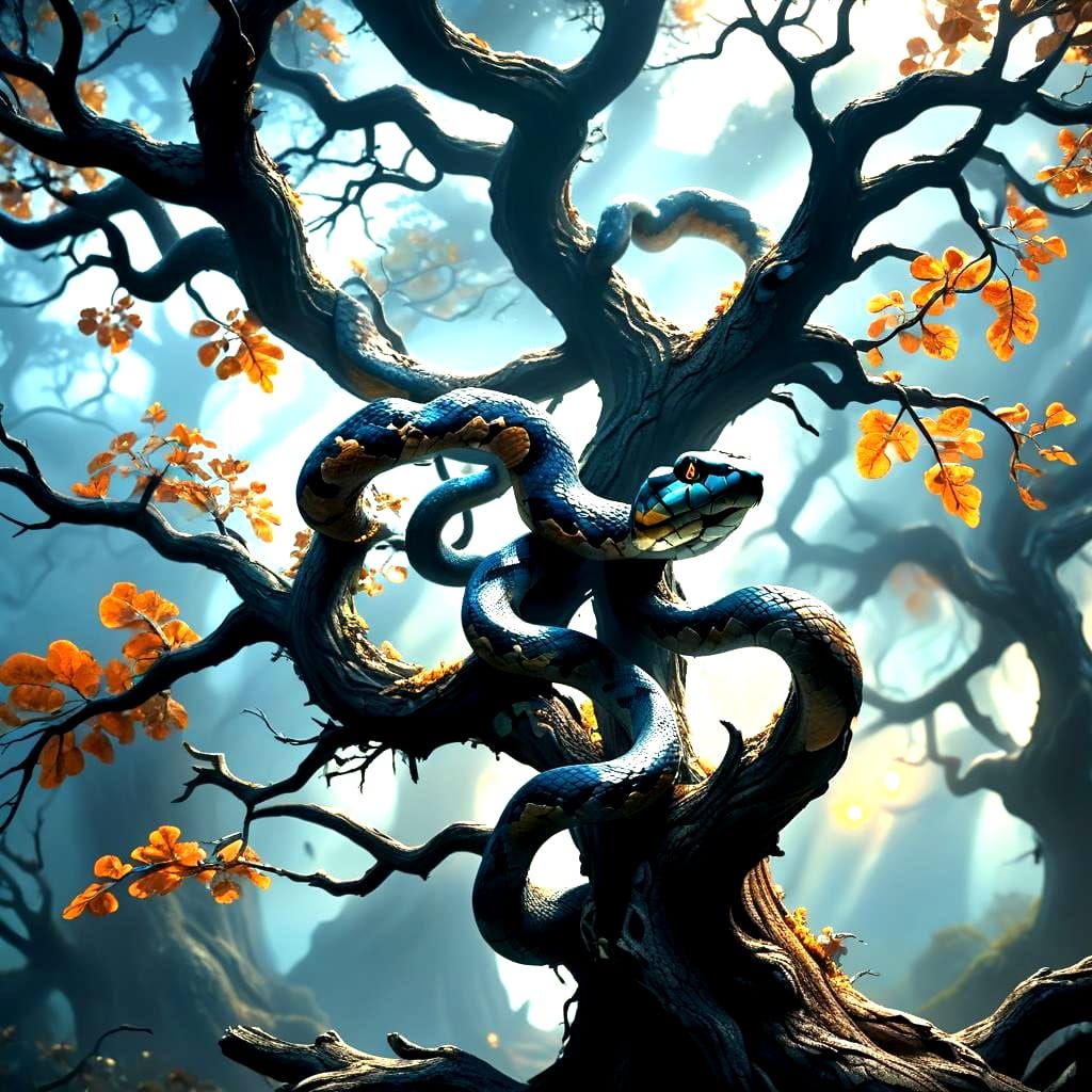 Snake on Gnarled Oak Branch: Detailed Matte Painting
